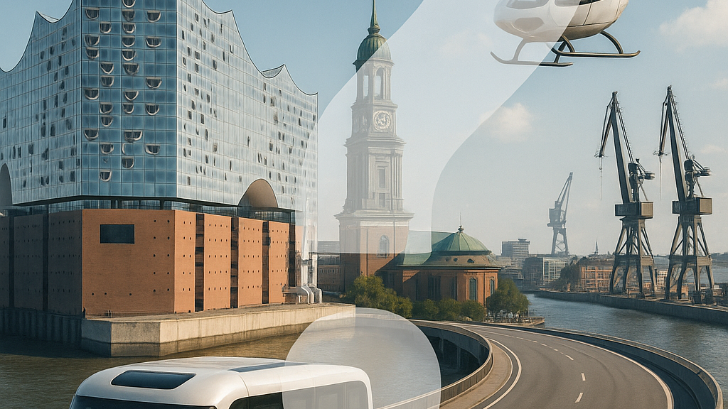 KI-generiertes Panorama der Stadt Hamburg mit Olympischen Ringen und Fragezeichen